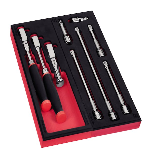 9 pc 3/8" Drive Flex Head Ratchet and Extension Foam Set (Red)