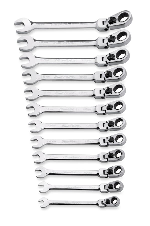 12 pc 12-Point Metric 15° Offset Flex-Head Ratcheting Box/Open-End Wrench Set (8–19 mm) (Blue-Point®)