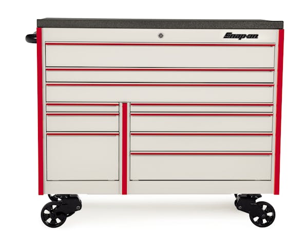 54" 10-Drawer Double-Bank Masters Series Bed Liner Top Roll Cab (White with Red Trim and Blackout Details)