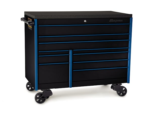 54" 10-Drawer Double-Bank Masters Series Bed Liner Top Roll Cab (Gloss Black with Sky Blue Trim and Blackout Details)